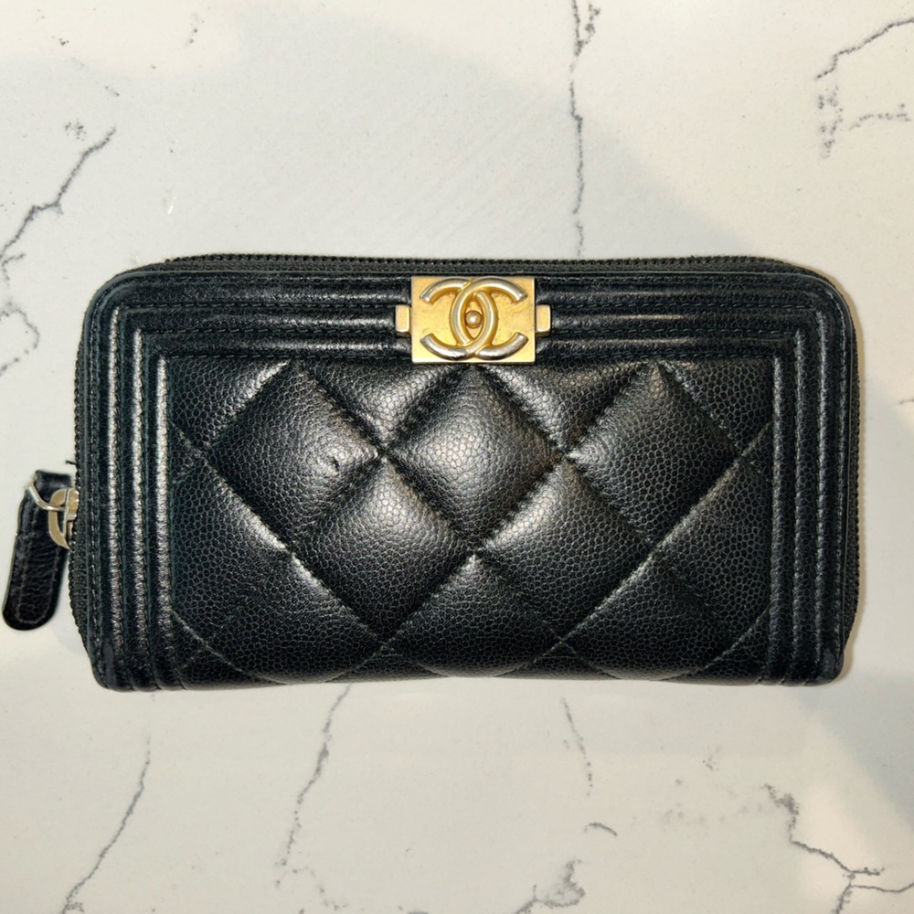 Chanel Boy Caviar Black Quilted Zip Wallet with Gold CC Logo